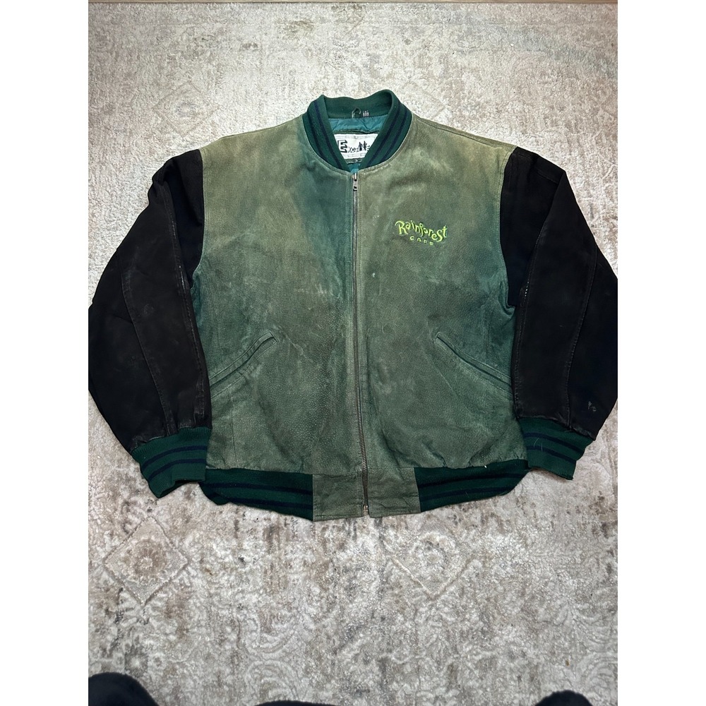 Vintage Rainforest Cafe Orlando Green Suede & Leather Bomber Jacket Size Large
